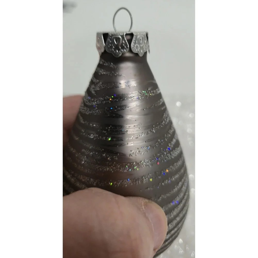 Large Vintage Silver Glitter Teardrop Christmas Ornament Striped Onion Shape